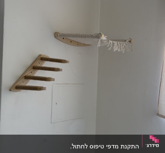 מדף עץ מותקן על קיר לבן